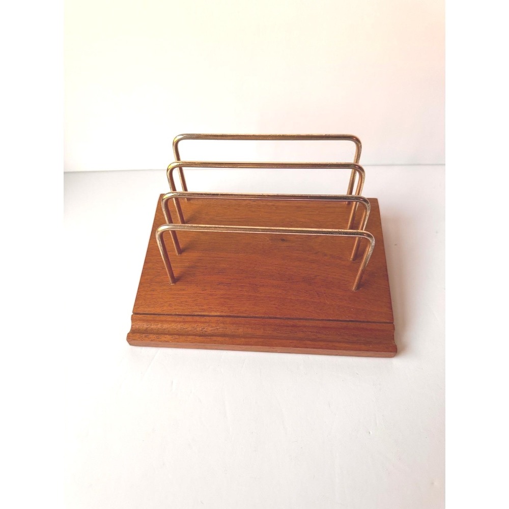 Veraco Gunstock Gifts Solid Walnut Letter Rack Vintage MCM Desk Organizer Gold